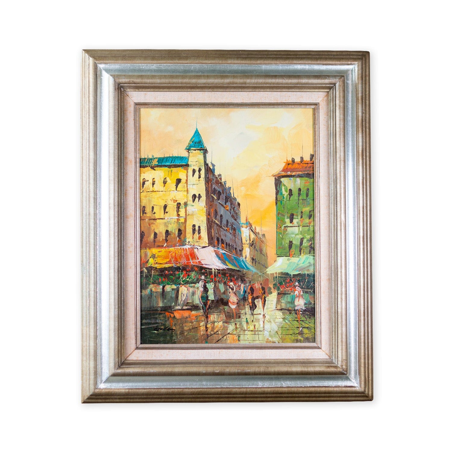 Vibrant vintage city market, framed and signed