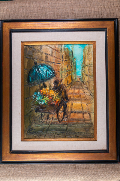 Vintage Oil Painting Flower Cart, Framed and Signed