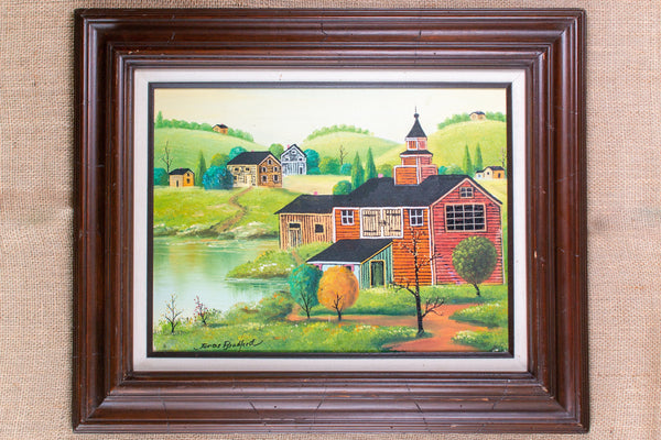 Vintage Village Oil Painting by Jonas Bradferd; Framed and Signed