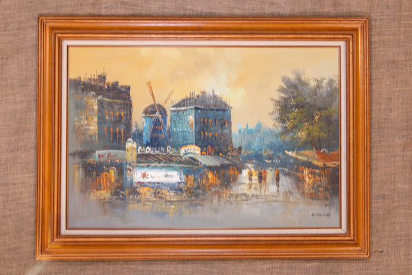 Moulin Rouge Oil Painting City Landscape, Framed and Signed