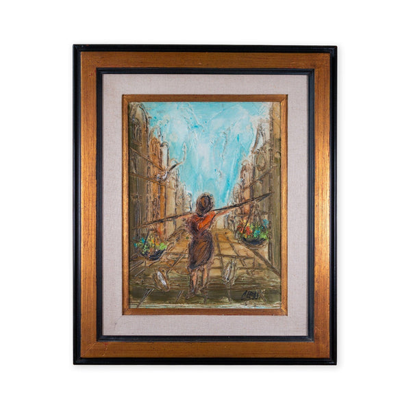 Vintage oil painting of a woman carrying flowers on her shoulders, framed and signed