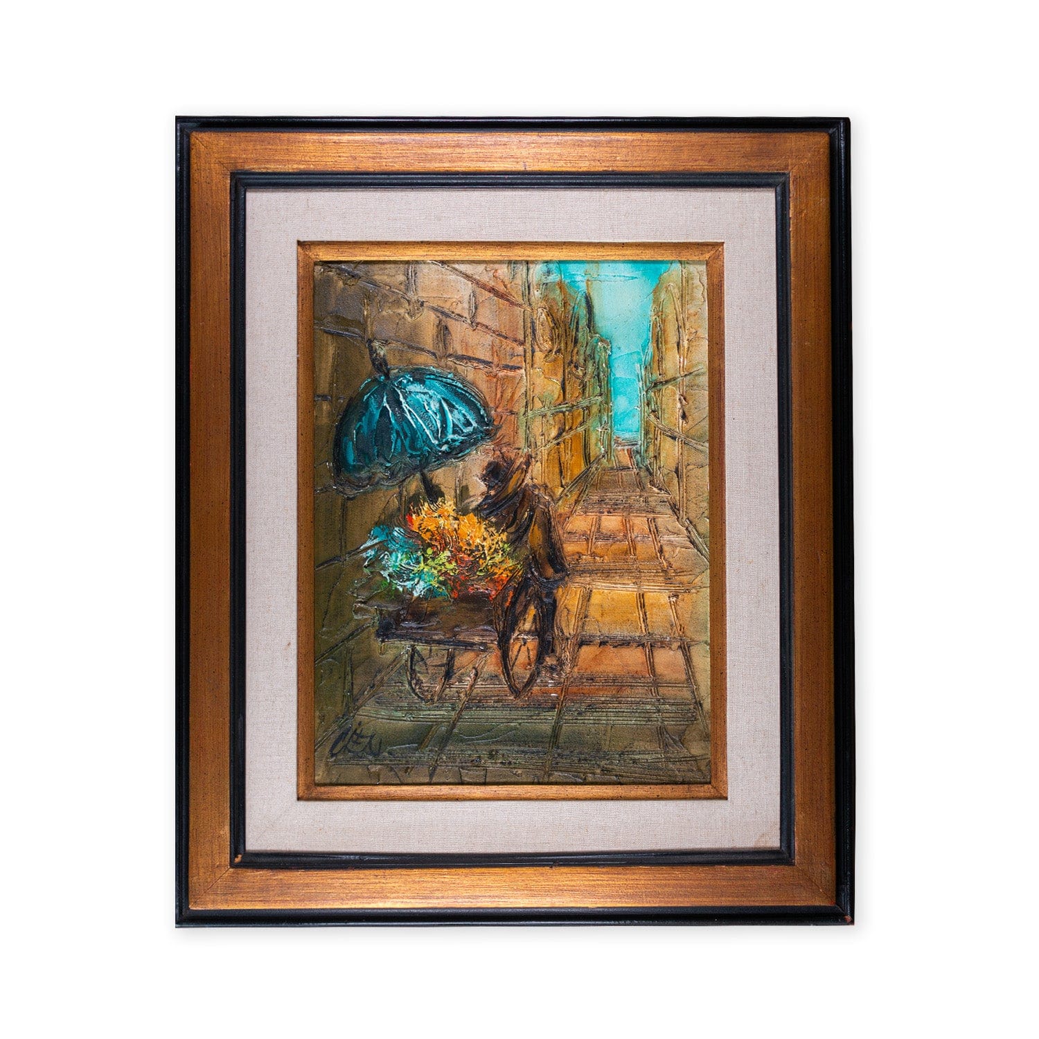 Vintage oil painting of flower cart, framed and signed