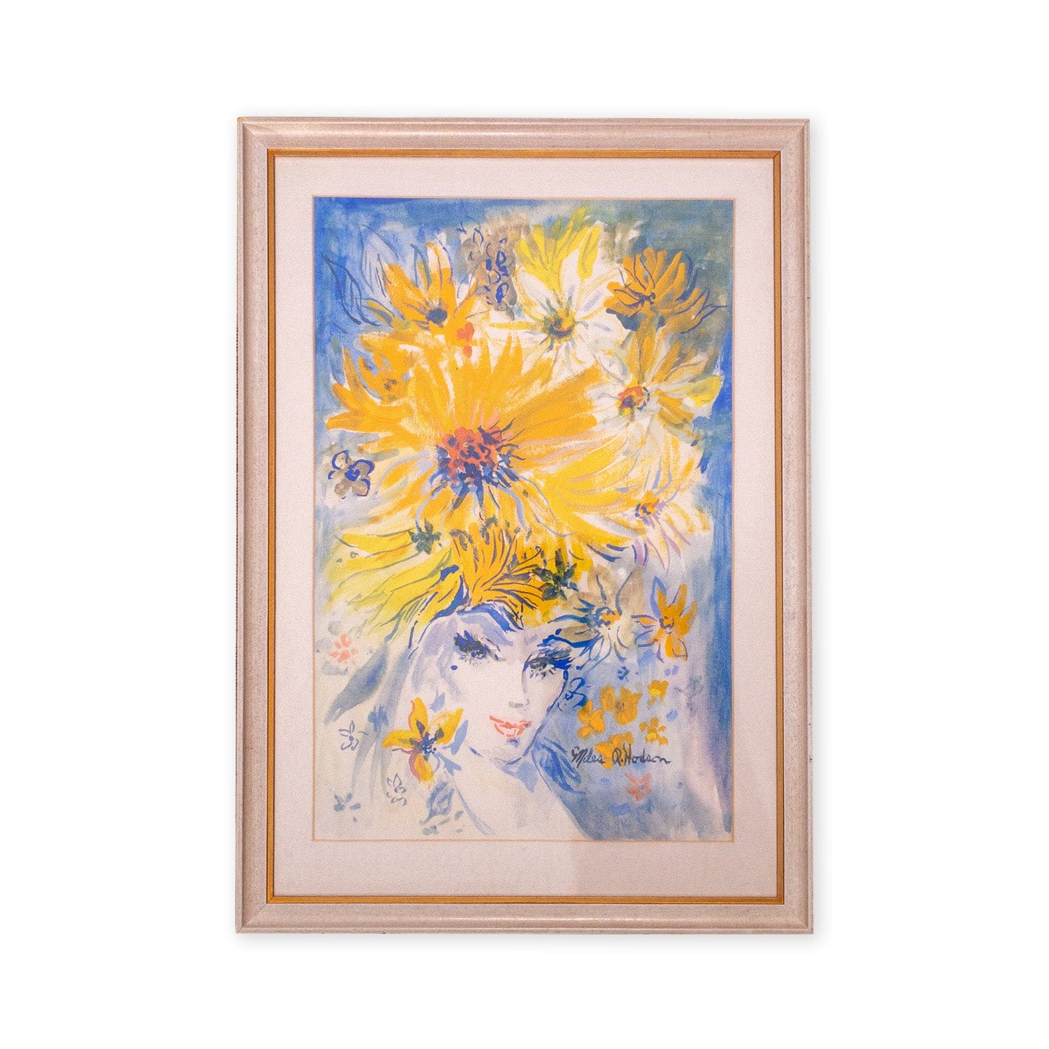 Modern sunflower woman, framed and signed by Miles R. Hodson