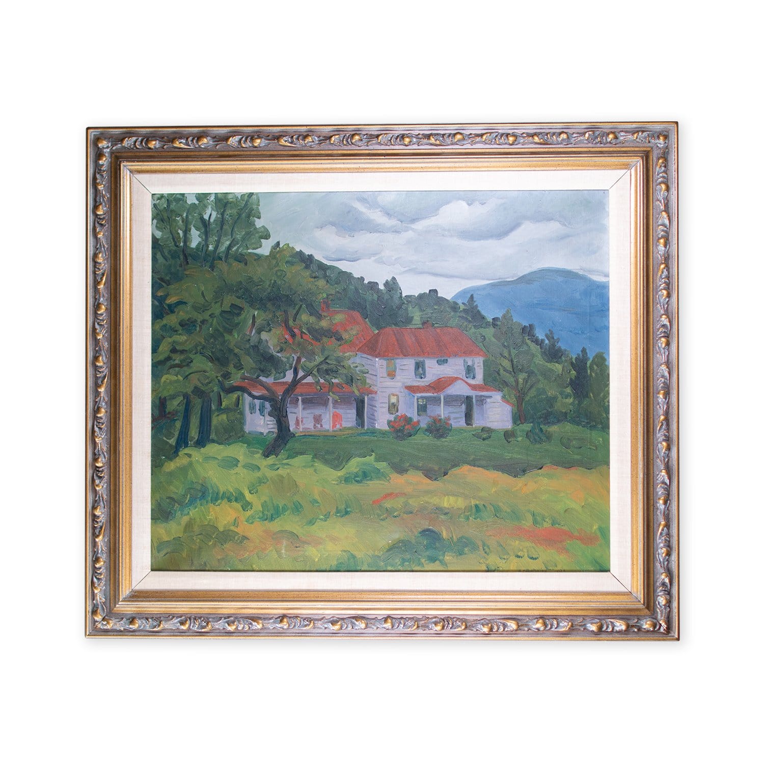 Forested hill home vintage oil painting, framed