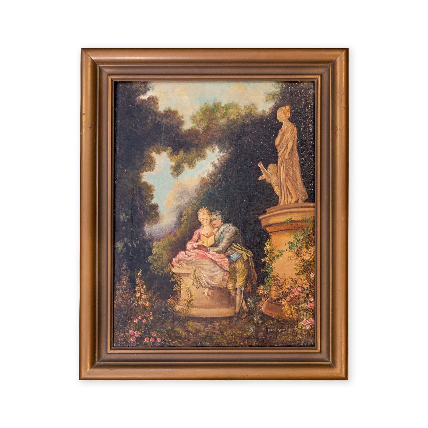 Lovers and Statue Recreation Vintage Oil Painting by Esther Oeftering; Framed and Signed