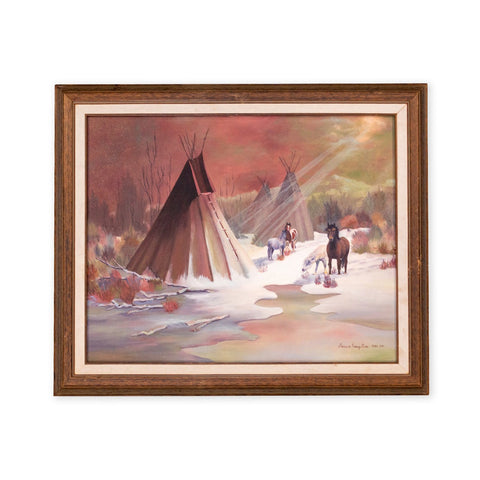 Vintage Oil Painting by Sharron Ross Native American Landscape; Dated and Signed