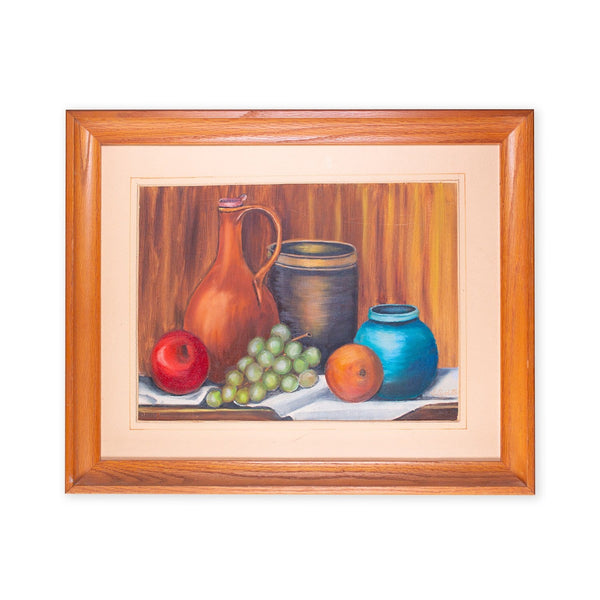 Vintage Still Life Fruit and Bottle on Table by Elizabeth; Framed and Signed.