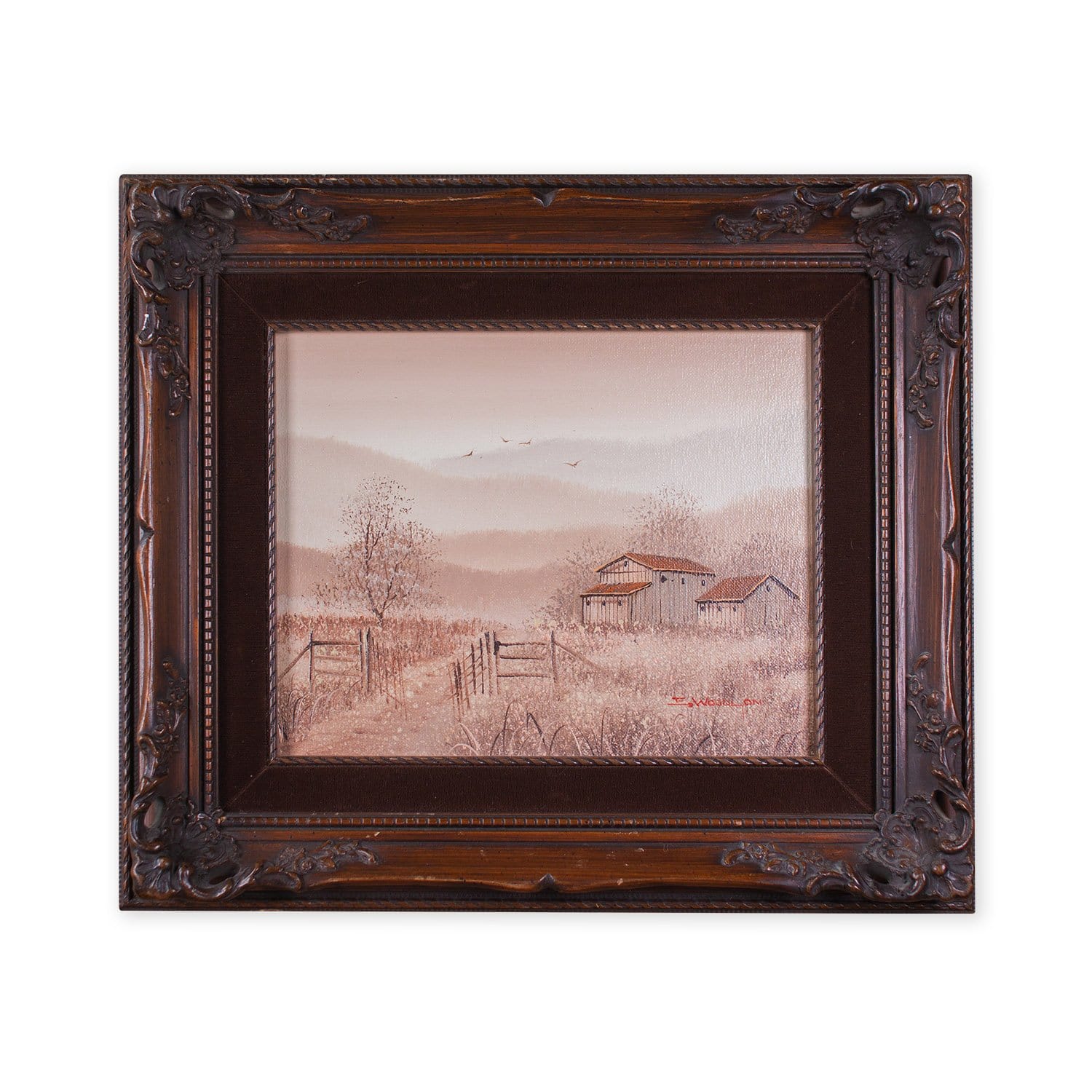 Barn Landscape Vintage Oil Painting by Everett Woodson; Framed and Authenticated