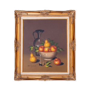 Fruit and Glass Still Life Vintage Oil Painting by Violette De Mazia; Framed