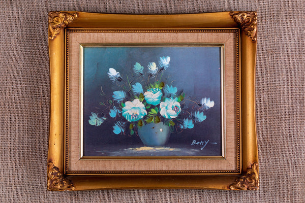 Blue Roses Vintage Oil Painting by Betty; Framed and Signed