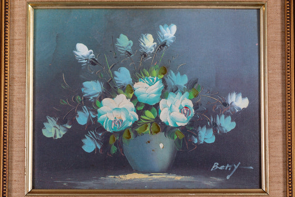 Blue Roses Vintage Oil Painting by Betty; Framed and Signed