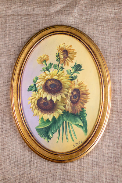 Vintage Sunflower Oil Painting in Oval Frame by E. Malvaez; Framed and Signed