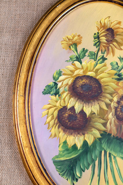 Vintage Sunflower Oil Painting in Oval Frame by E. Malvaez; Framed and Signed