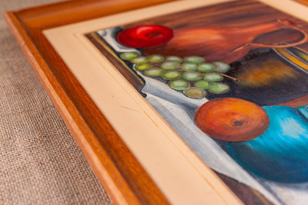 Vintage Still Life Fruit and Bottle on Table by Elizabeth; Framed and Signed.