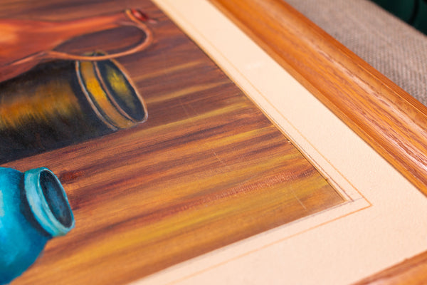 Vintage Still Life Fruit and Bottle on Table by Elizabeth; Framed and Signed.