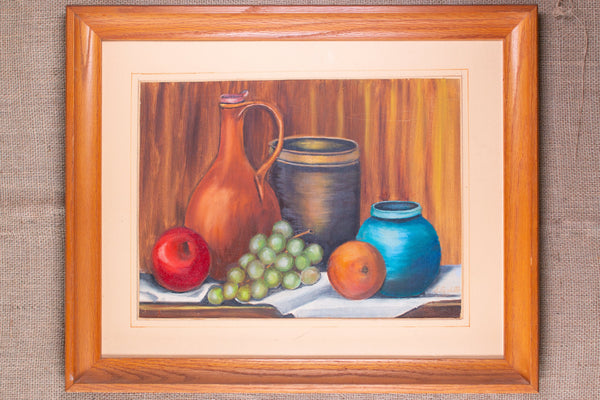 Vintage Still Life Fruit and Bottle on Table by Elizabeth; Framed and Signed.