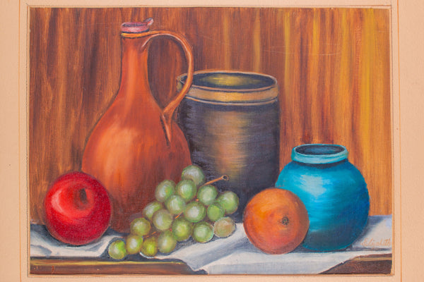 Vintage Still Life Fruit and Bottle on Table by Elizabeth; Framed and Signed.