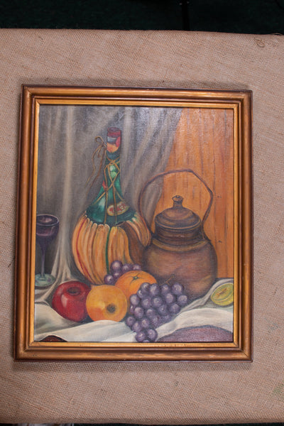 Vintage Still Life Wine and Fruit Oil Painting; Framed