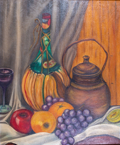 Vintage Still Life Wine and Fruit Oil Painting; Framed