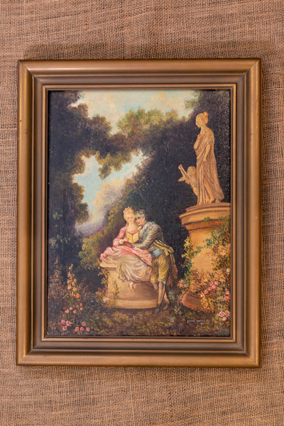 Lovers and Statue Reproduction Vintage Oil Painting by Esther Oeftering; Framed and Signed