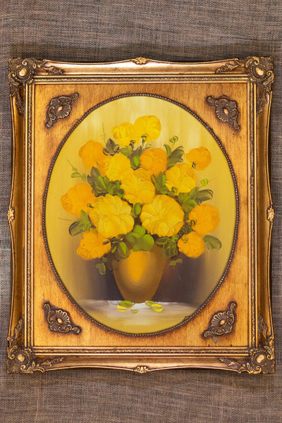 Vintage Yellow Roses Oil Painting by Fleet; Framed and Signed