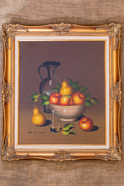 Fruit and Glass Still Life Vintage Oil Painting by Violette De Mazia; Framed