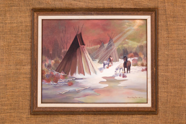 Vintage Oil Painting by Sharron Ross Native American Landscape; Dated and Signed